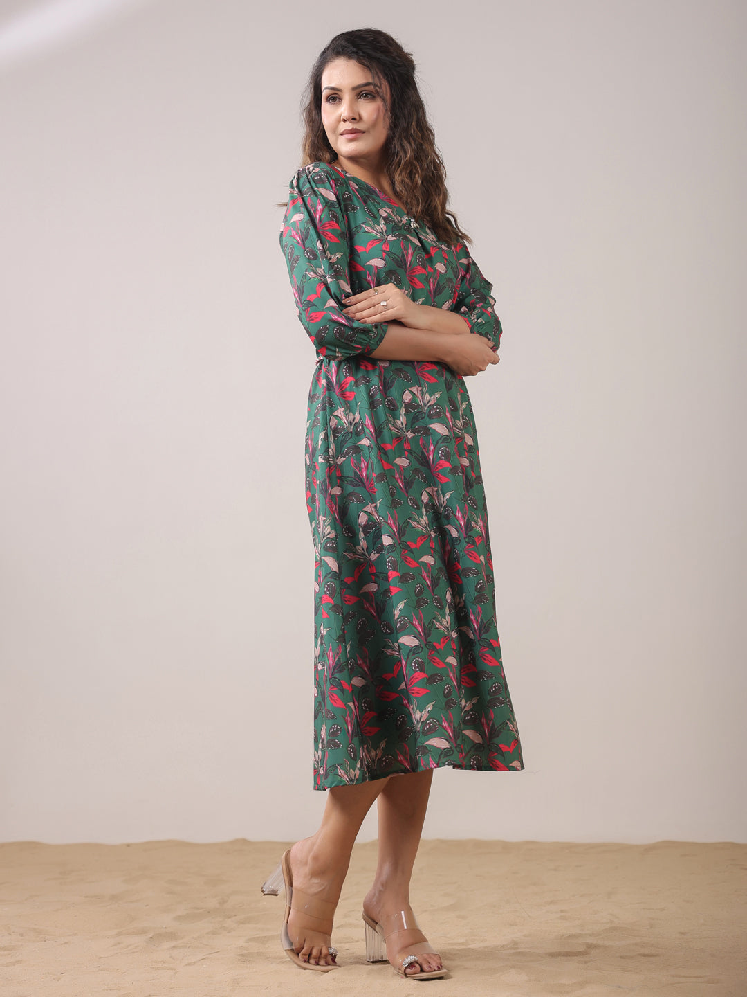 Span Green V Neck Visocse Gown