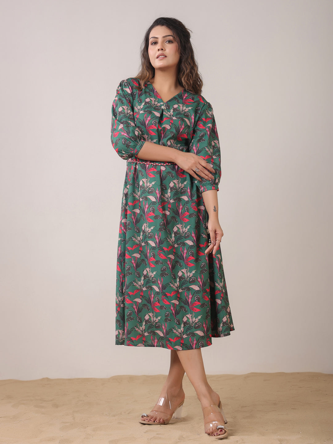 Span Green V Neck Visocse Gown