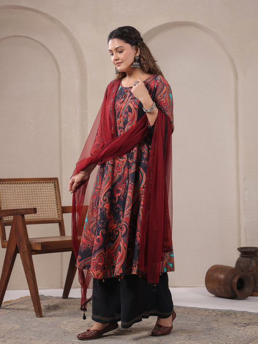 Span Black Round Neck Viscose Kurta Set with Dupatta