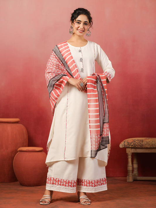 Span White Round Neck Cotton Kurta Set with Dupatta