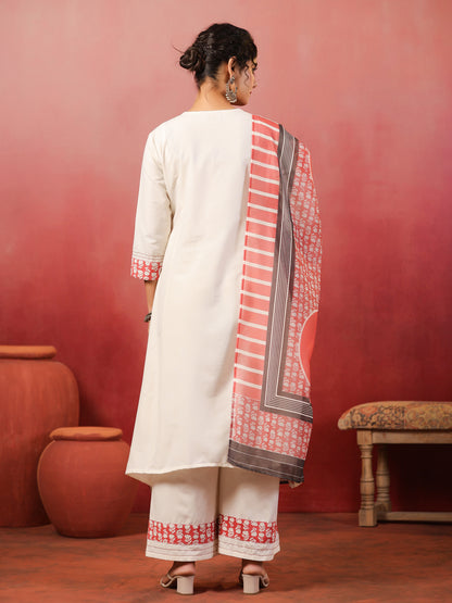 Span White Round Neck Cotton Kurta Set with Dupatta