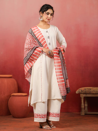 Span White Round Neck Cotton Kurta Set with Dupatta