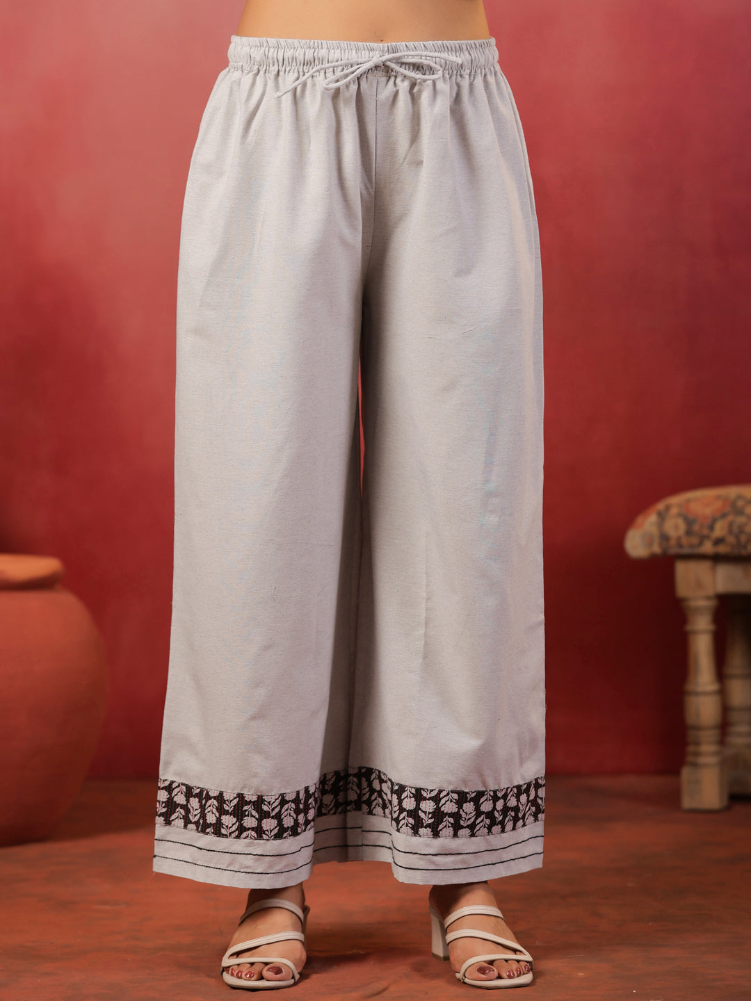 Span Grey Round Neck Cotton Kurta Set with Dupatta