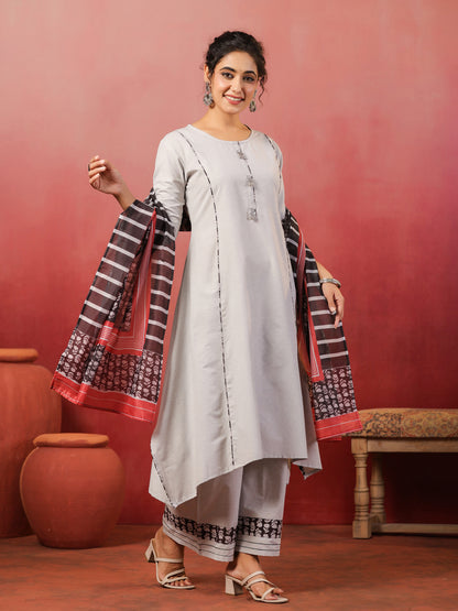 Span Grey Round Neck Cotton Kurta Set with Dupatta