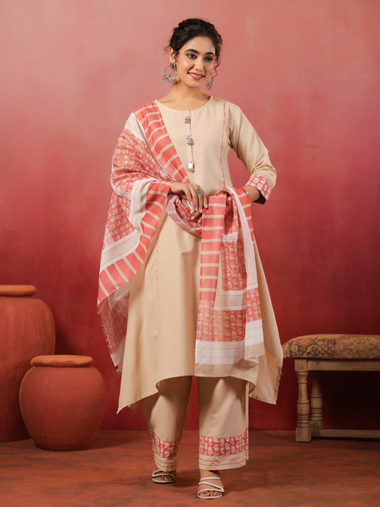 Span Biege Round Neck Cotton Kurta Set with Dupatta