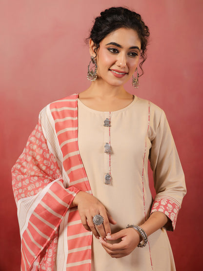 Span Biege Round Neck Cotton Kurta Set with Dupatta