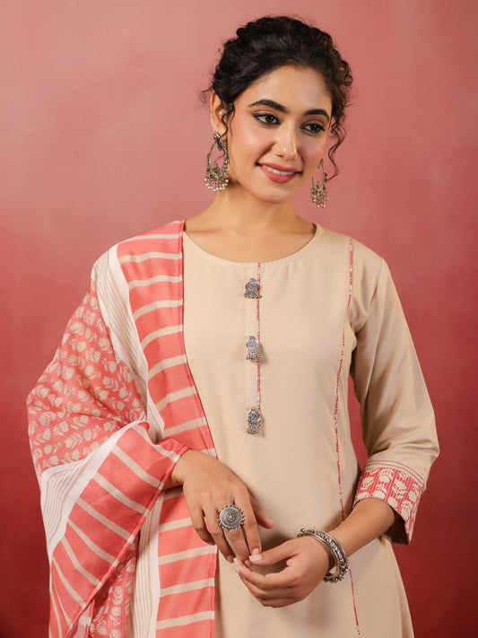 Span Biege Round Neck Cotton Kurta Set with Dupatta