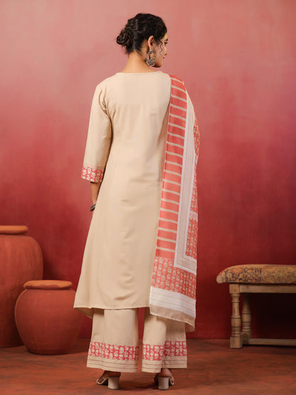 Span Biege Round Neck Cotton Kurta Set with Dupatta
