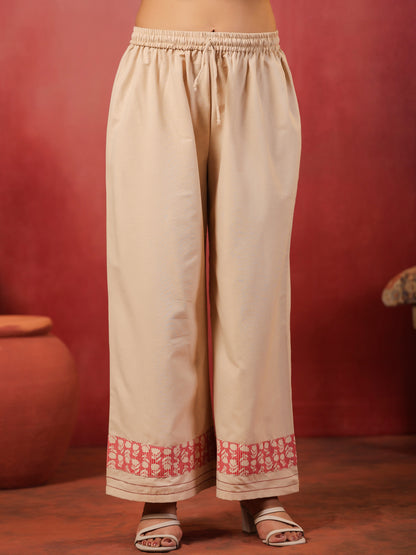 Span Biege Round Neck Cotton Kurta Set with Dupatta