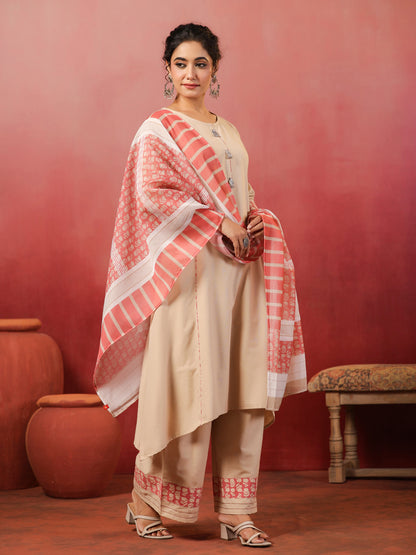 Span Biege Round Neck Cotton Kurta Set with Dupatta