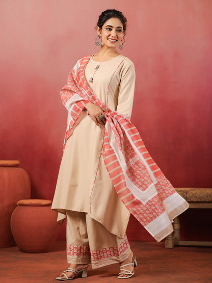 Span Biege Round Neck Cotton Kurta Set with Dupatta