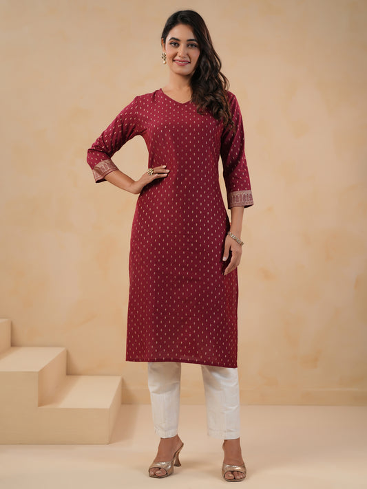 Span Burgundy V Neck Cotton Kurta Set