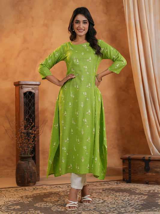 Span Green Round Neck Cotton Kurta Set