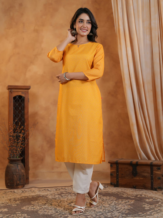 Span Yellow Key hole Neck Cotton Kurta Set