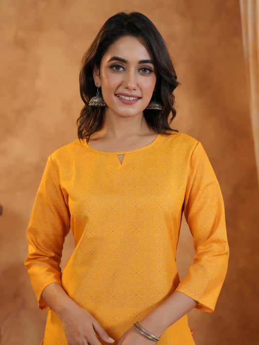 Span Yellow Key hole Neck Cotton Kurta Set