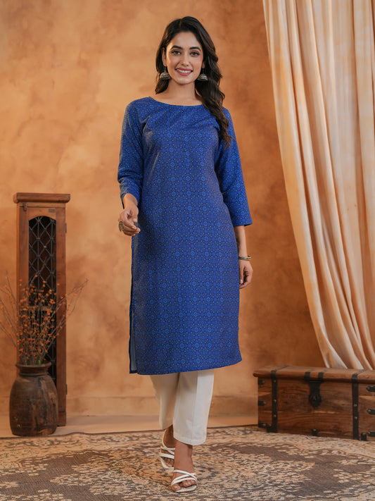 Span Blue Round Neck Cotton Kurta Set