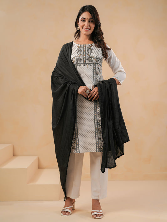 Span Off White Round Neck Cotton Kurta Set with Dupatta