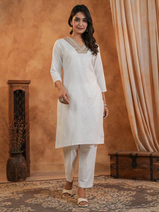 Span Off White V Neck Cotton Co-Ord Set