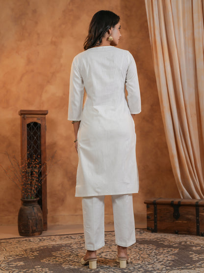 Span Off White V Neck Cotton Co-Ord Set