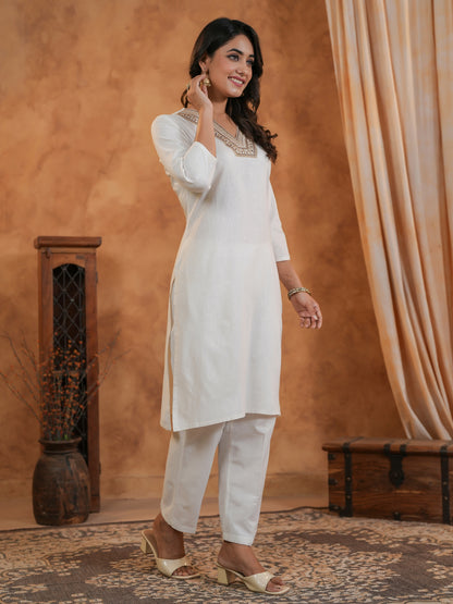 Span Off White V Neck Cotton Co-Ord Set