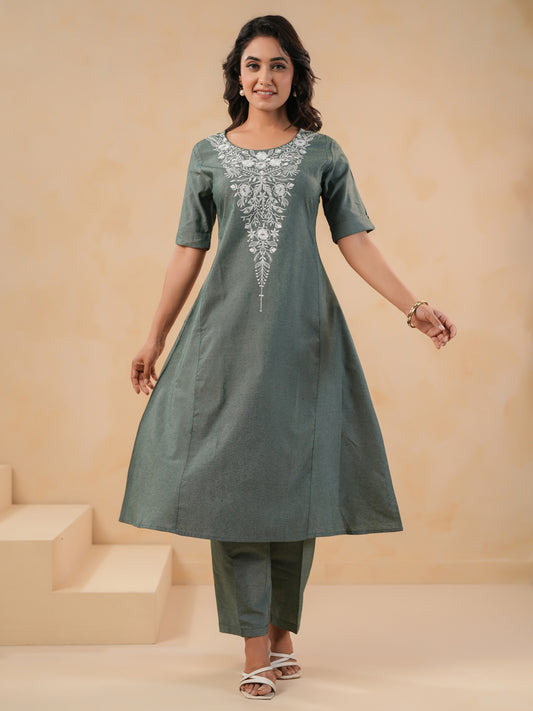 Span Green Round Neck Cotton Co-Ord Set