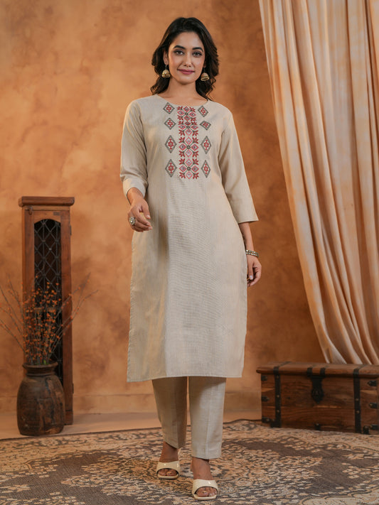 Span Beige Round Neck Cotton Kurta Set