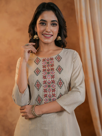 Span Beige Round Neck Cotton Kurta Set