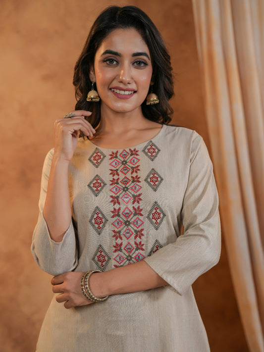 Span Beige Round Neck Cotton Kurta Set