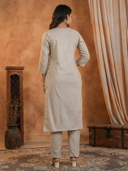 Span Beige Round Neck Cotton Kurta Set