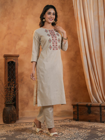 Span Beige Round Neck Cotton Kurta Set