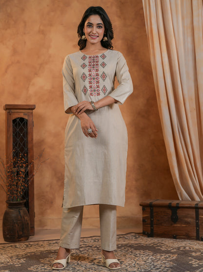 Span Beige Round Neck Cotton Kurta Set