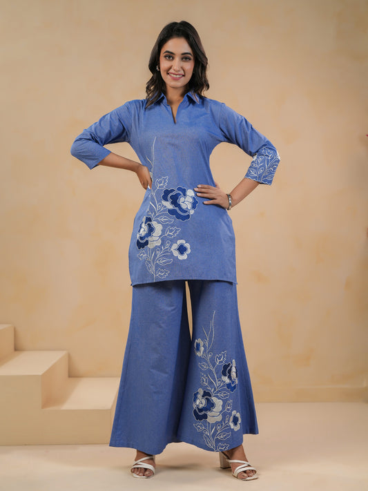 Span Blue Collard Cotton Co-Ord Set