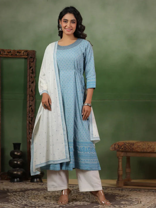 Span Blue Cotton Kurta Set with Dupatta