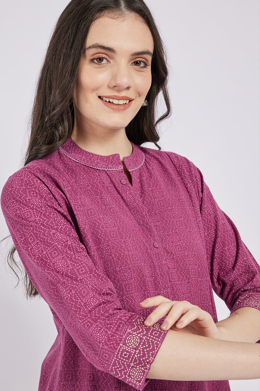 Span Purple Mandarin Cotton Kurta