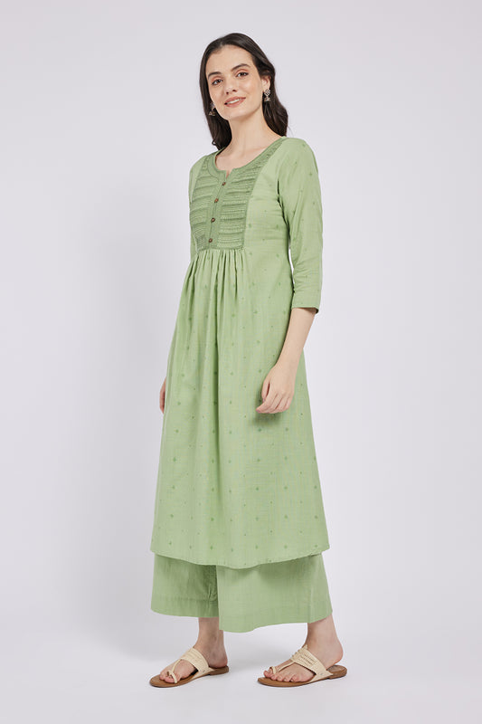 Span Green Round Neck Cotton Casual Kurta