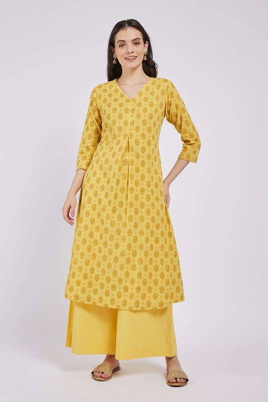 Span Yellow V Neck Cotton Casual Kurta