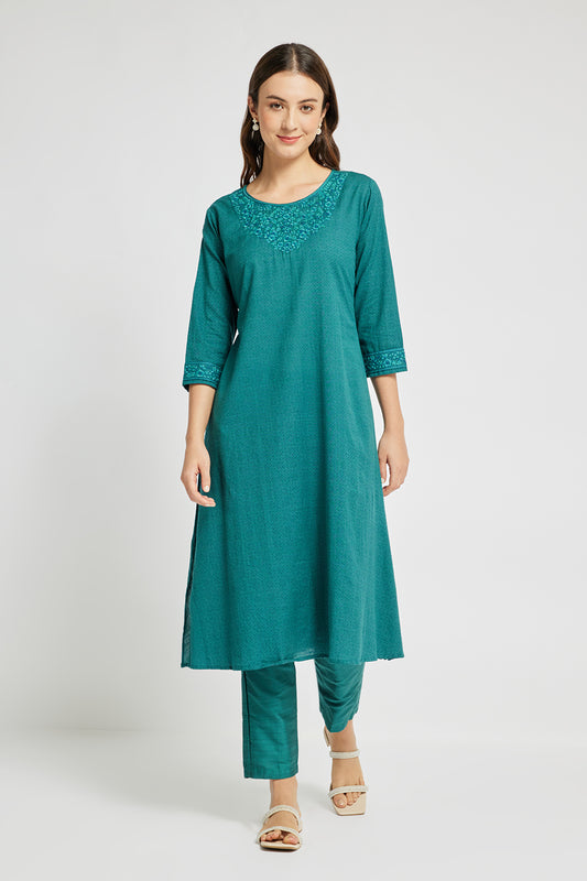 Span Green Round Neck Cotton Casual Kurta