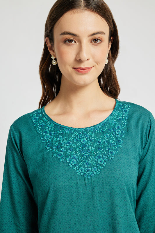 Span Green Round Neck Cotton Casual Kurta