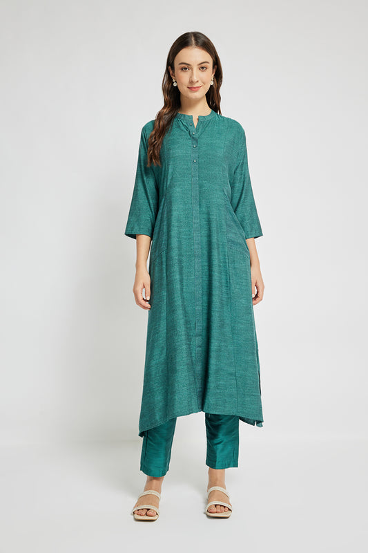 Span Green Mandarin Cotton casual Kurta