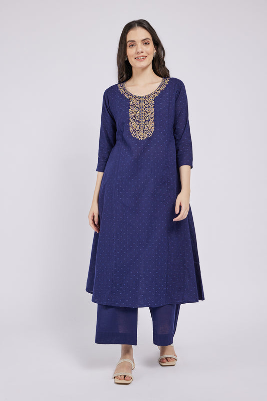 Span Blue Round Neck Cotton Kurta