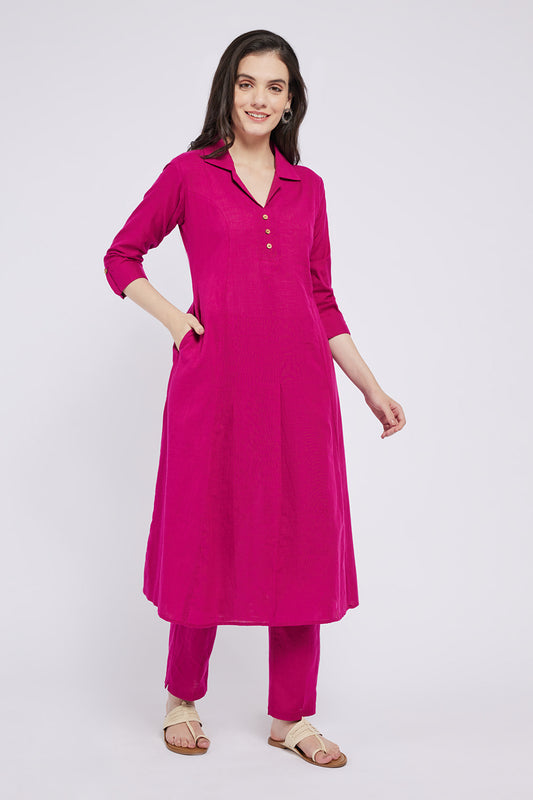 Span Pink Collard Neck Cotton Kurta