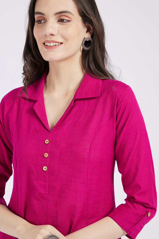 Span Pink Collard Neck Cotton Kurta