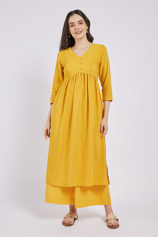 Span Yellow V Neck Cotton Kurta