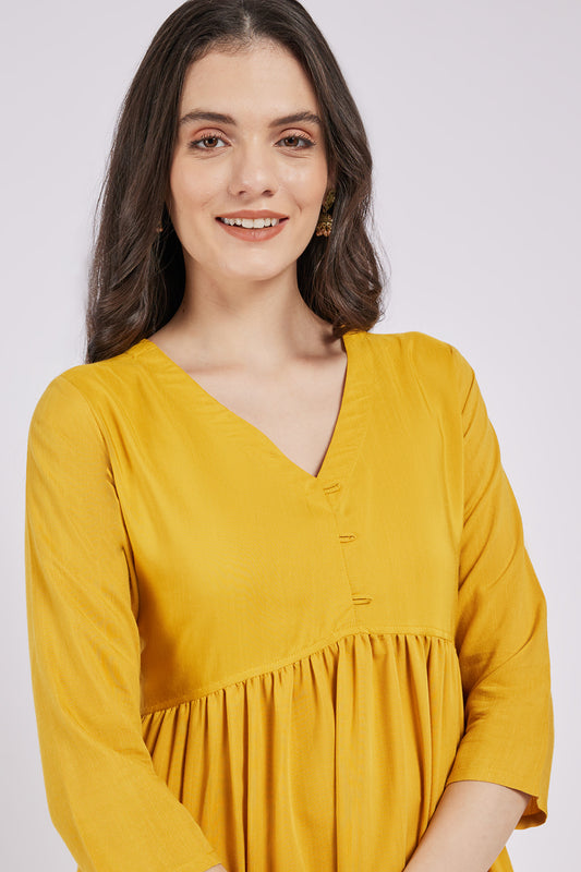 Span Yellow V Neck Cotton Kurta