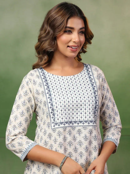Span White Round Neck Kurta Set