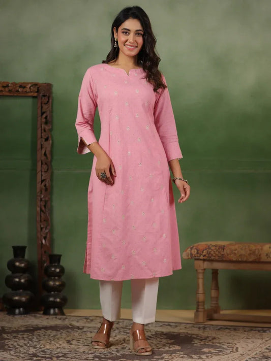 Span Pink Round Neck Cotton Kurta