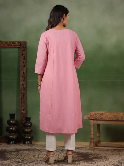 Span Pink Round Neck Cotton Kurta