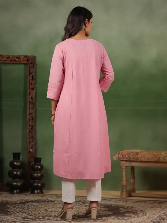 Span Pink Round Neck Cotton Kurta