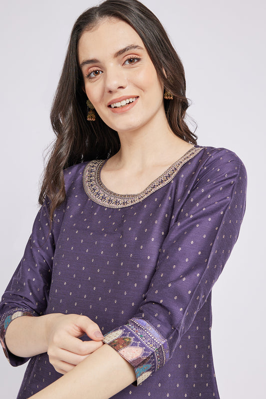 Span Purple Round Neck Silk Kurta
