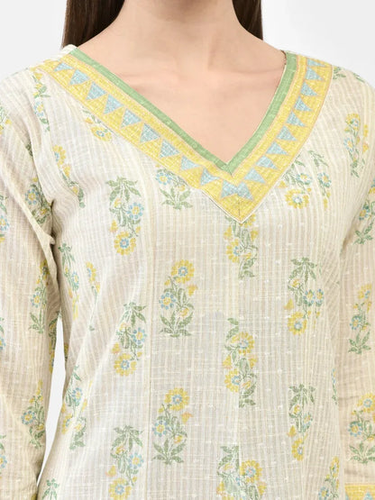 Span Off-White V-Neck Cotton Kurta